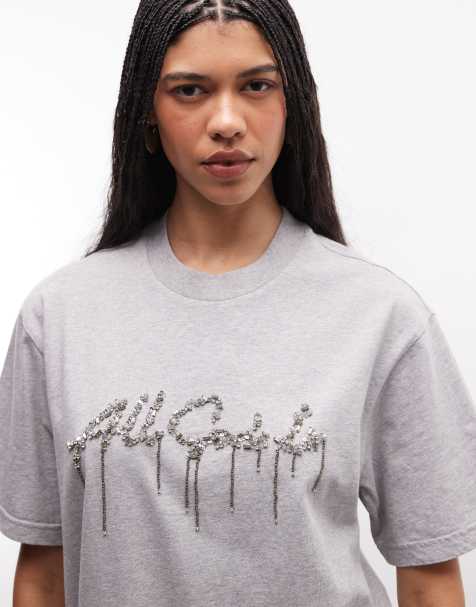 AllSaints - Chains - Grå T-shirt-minikjole med korte ærmer og rhinstenslogo - view 1