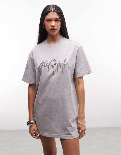 AllSaints - Chains - Grå T-shirt-minikjole med korte ærmer og rhinstenslogo, 4 af 4