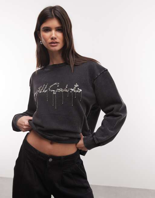 AllSaints Chains Pippa embellished logo sweatshirt in black, 4 of 4