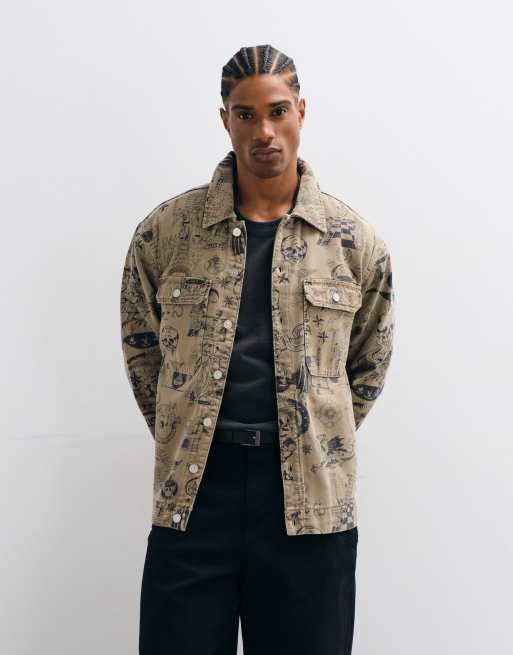 AllSaints - chaqueta de lona marrón con gráfico ilustrativo y logotipo Sherb, 1 de 5
