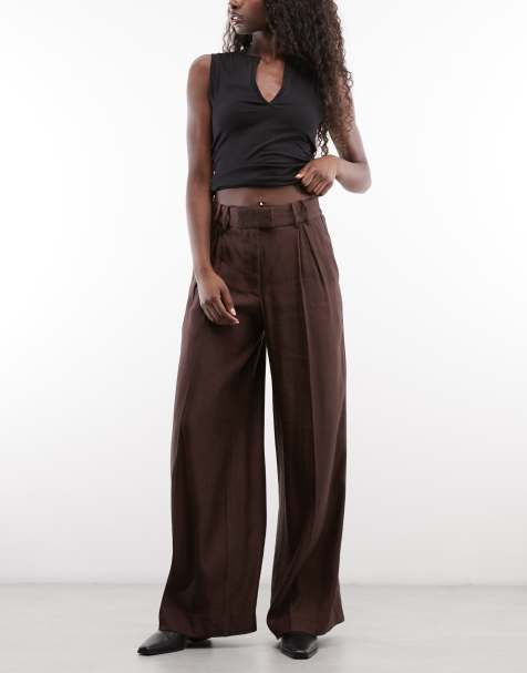 AllSaints Charley co-ord pantaloni sartoriali in misto lino marrone cioccolato - view 1
