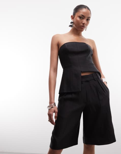 AllSaints Charley co-ord tailored linen blend pleated jorts in black - view 1