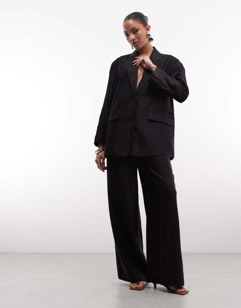 AllSaints Charley co-ord tailored linen blend pleated wide leg trouser in black - view 1