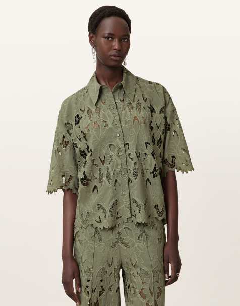 AllSaints – Charli – Bestickte Bluse in Meerjungfrauengrün - view 1