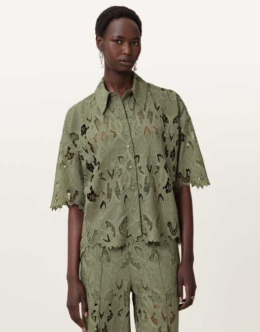 AllSaints – Charli – Bestickte Bluse in Meerjungfrauengrün
