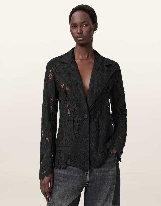 AllSaints – Charli – Bestickte Jacke in Schwarz