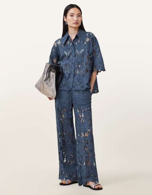 AllSaints - Charli - Broek met borduursel in poederblauw