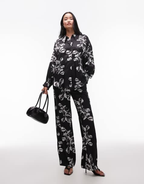 AllSaints Charli satin co-ord in black print - view 1