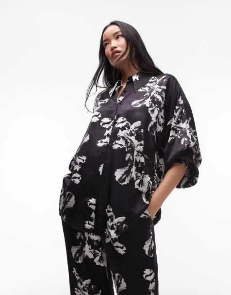 AllSaints Charli satin shirt in black print (part of a set) - view 1