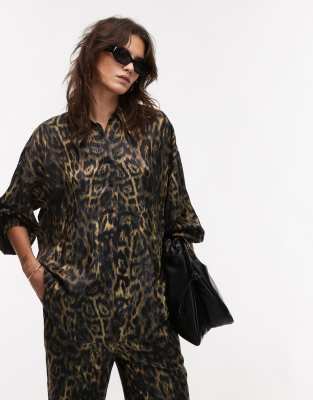 Allsaints Charli Satin Shirt In Leopard Print - Part Of A Set-brown