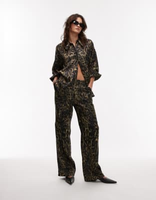 Allsaints Charli Satin Straight Leg Pants In Leopard Print - Part Of A Set-brown