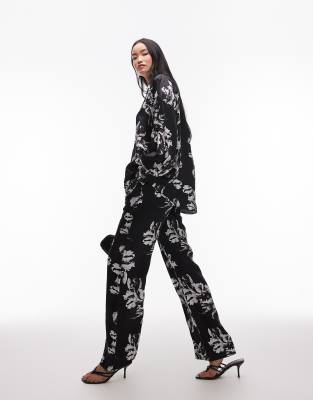 AllSaints Charli satin straight pants in black print (part of a set)
