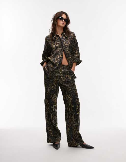 AllSaints Charli satin straight pants in leopard print (part of a set)