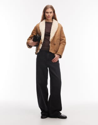 AllSaints Charlton suede shearling coat in tan 