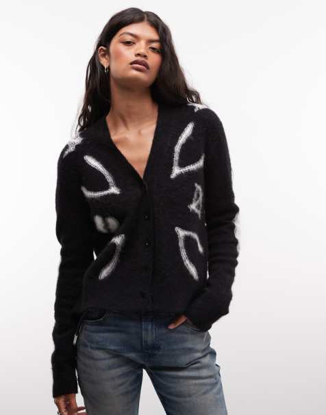 AllSaints Charm graphic logo gebreid vest in zwart - view 1