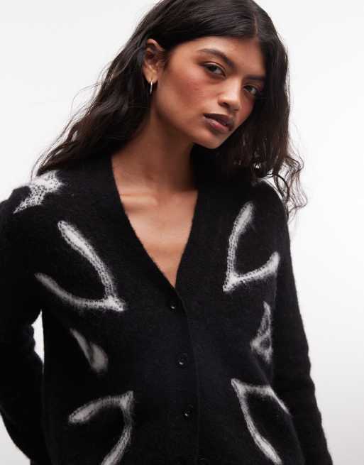 AllSaints Charm graphic logo knit cardigan in black, 3 of 4
