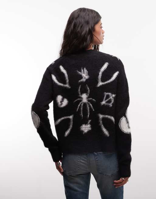 AllSaints Charm graphic logo knit cardigan in black, 4 of 4