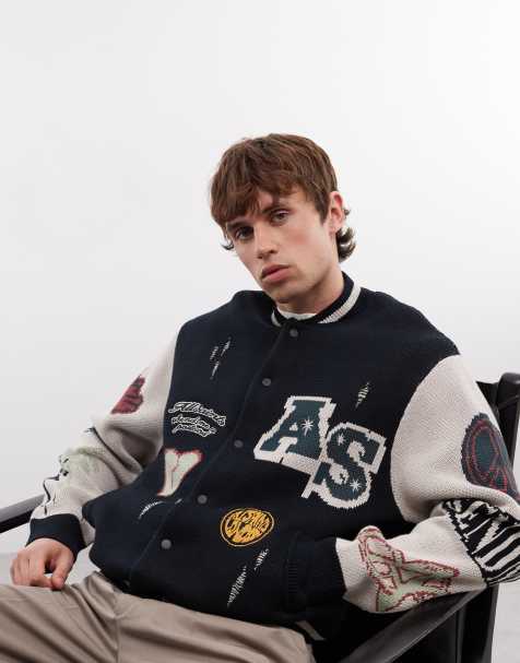 AllSaints Chase patch knit varsity cardigan in black - view 1