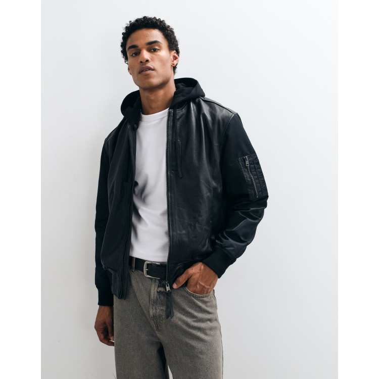 AllSaints Chase zip through hooded leather jacket in black | ASOS