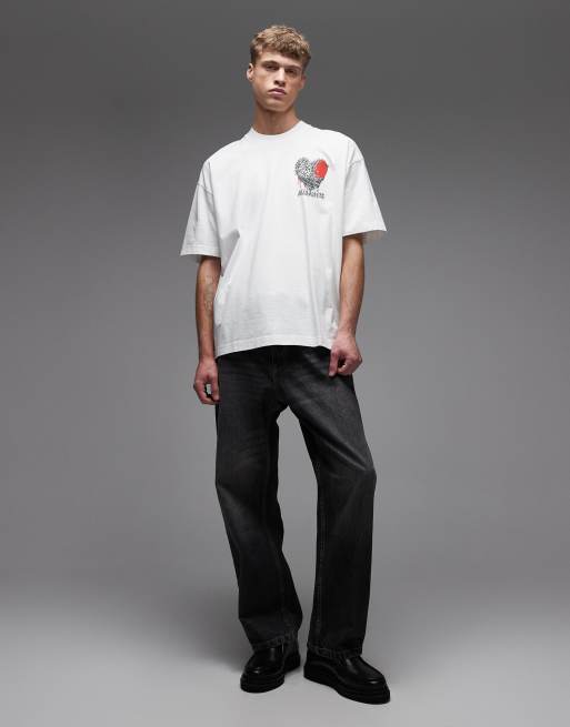 AllSaints Chaste graphic heart logo t-shirt with back print in white, 2 of 5