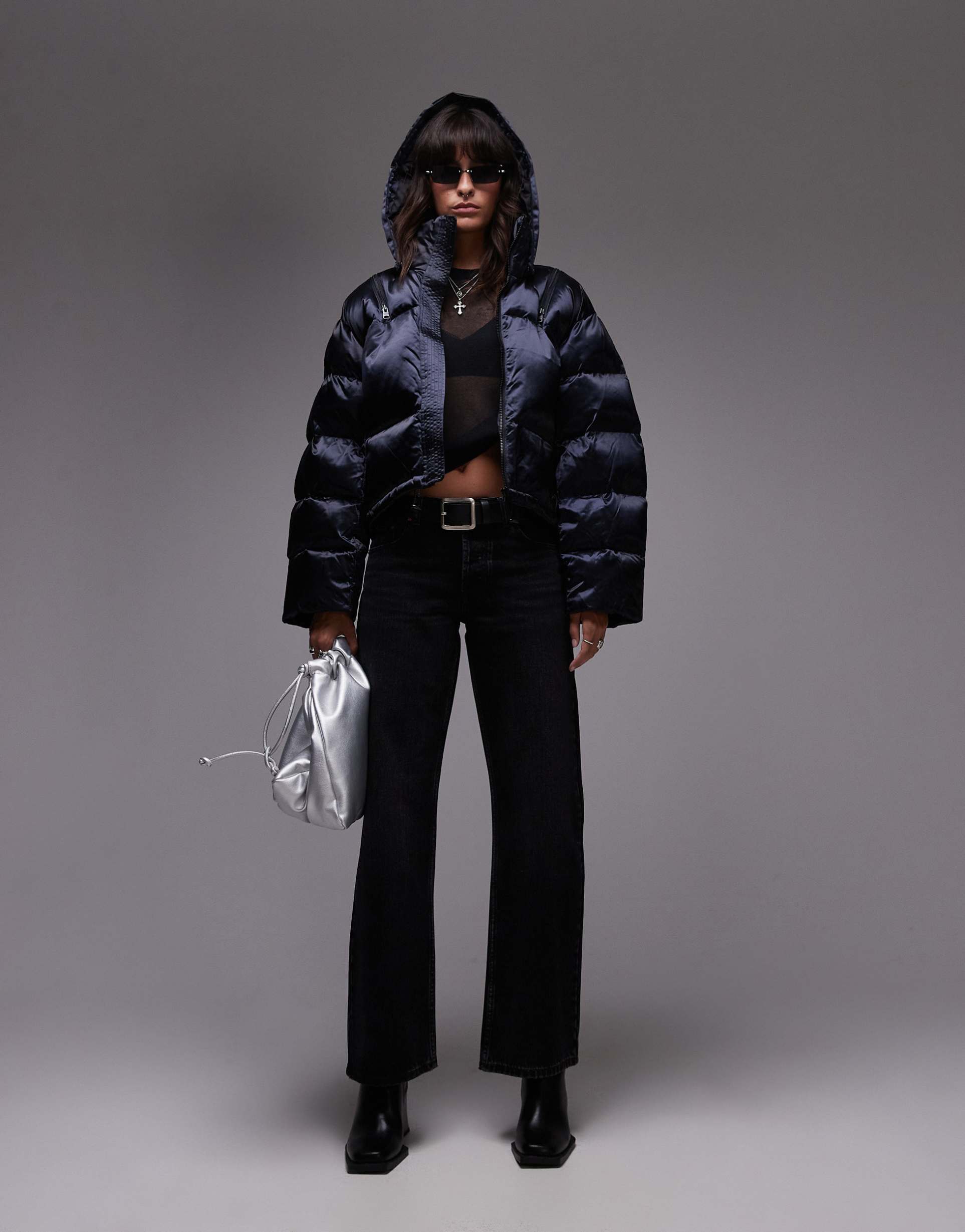 allsaints chelsea hooded puffer jacket in black