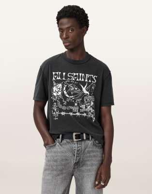 AllSaints Chingford short sleeve graphic T-shirt in washed black off white