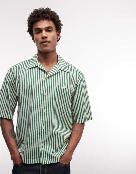 AllSaints - Chopin - Camicia a maniche corte verde e bianca a righe con logo - view 1