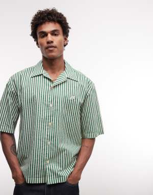 AllSaints Chopin short sleeve logo shirt in green and white stripe