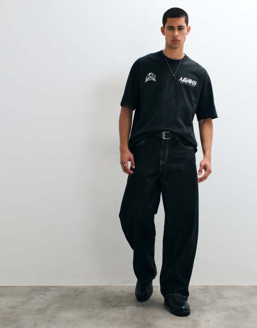 AllSaints Chromium short sleeve graphic logo t-shirt with back print in washed black, 2 of 5