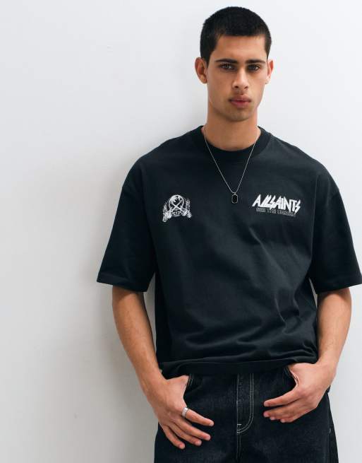 AllSaints Chromium short sleeve graphic logo t-shirt with back print in washed black, 3 of 5