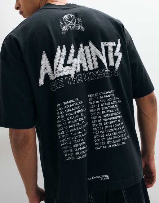 AllSaints Chromium short sleeve graphic logo t-shirt with back print in washed black, 4 of 5