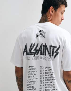 AllSaints Chromium short sleeve graphic logo t-shirt with back print in white