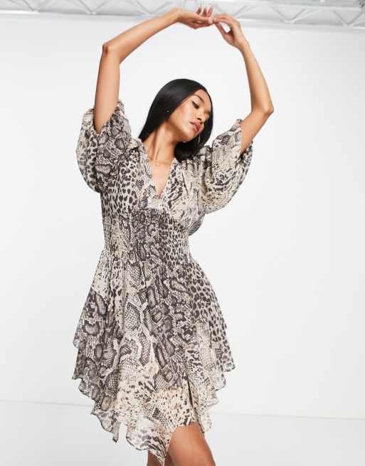 AllSaints Ciara asymmetric mini dress in snake print | ASOS