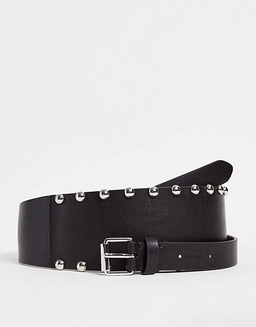 AllSaints - Cintura avvolgente in pelle nera con borchie