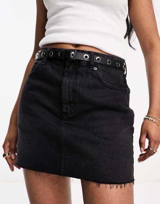 AllSaints - Cintura in pelle nera con occhielli da 20 mm