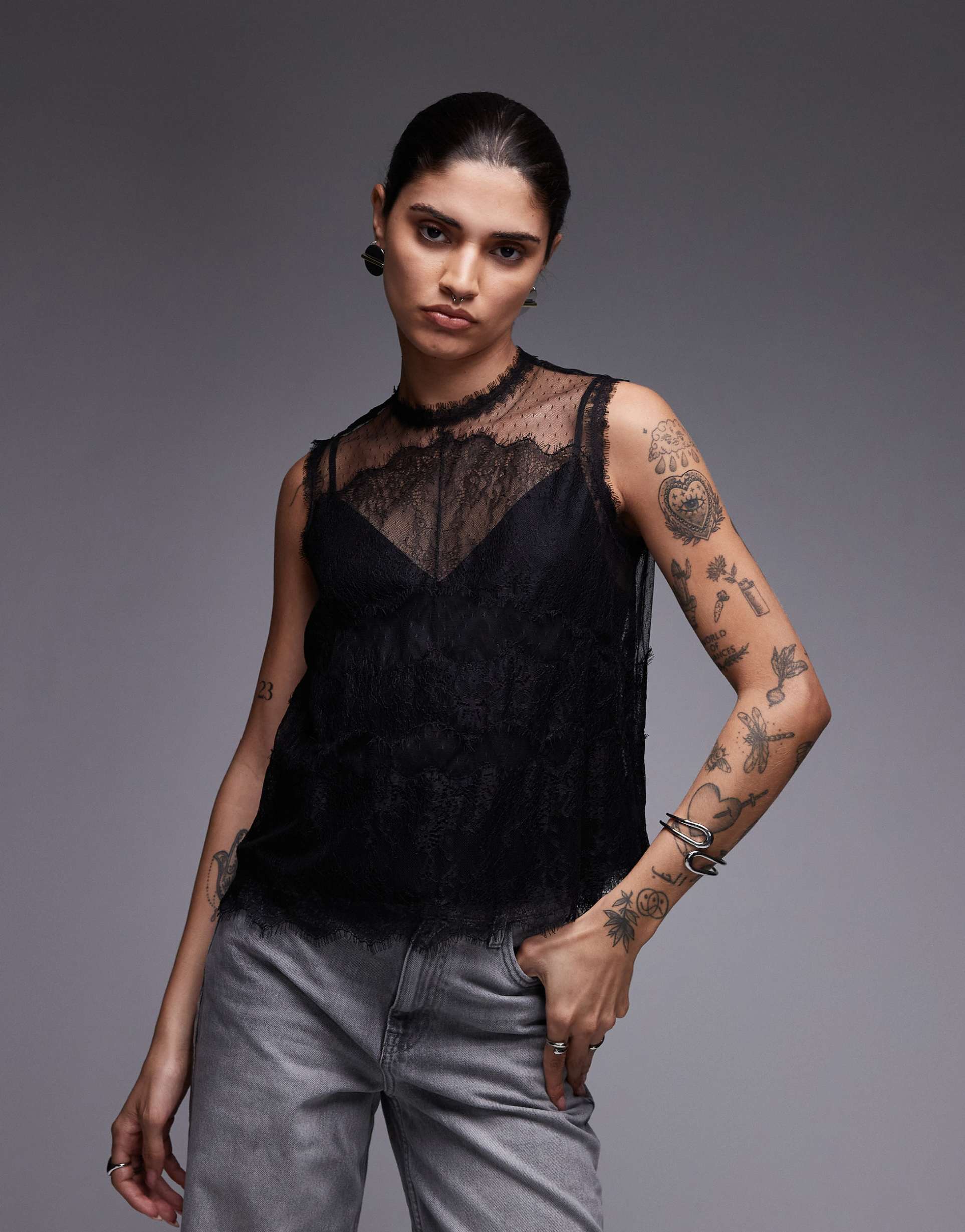 allsaints clara lace sleeveless top in black