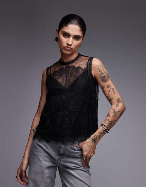 AllSaints Clara lace sleeveless top in black