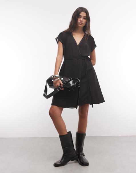 AllSaints Claria short sleeve v neck wrap mini dress in black - view 1
