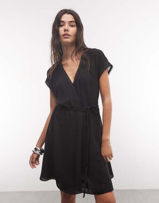 AllSaints Claria short sleeve v neck wrap mini dress in black, 2 of 4