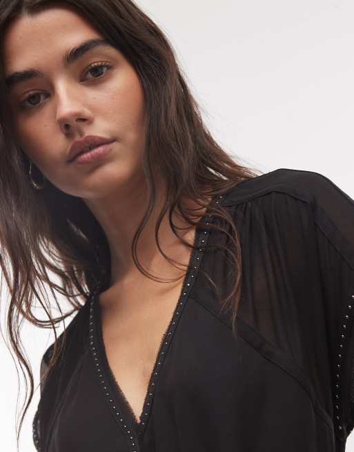 AllSaints Claria short sleeve v neck wrap mini dress in black, 3 of 4