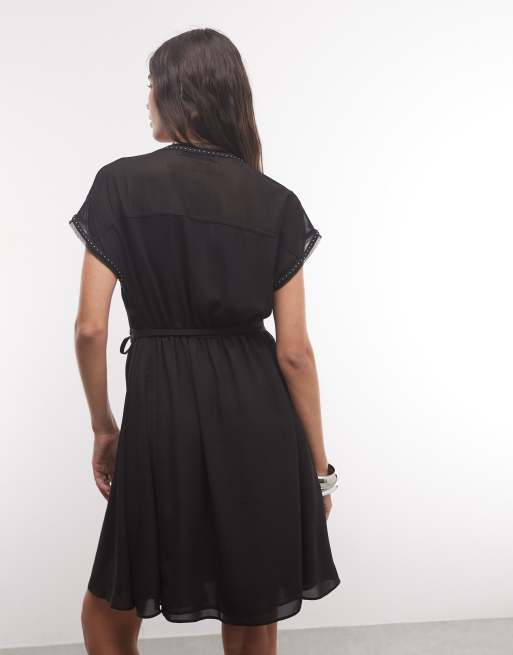 AllSaints Claria short sleeve v neck wrap mini dress in black, 4 of 4