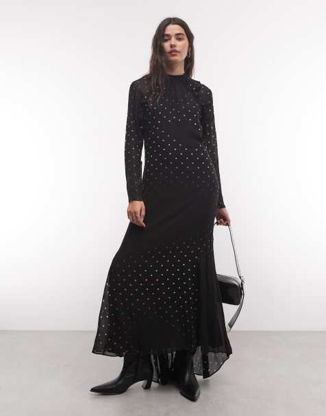 AllSaints Clarisse long sleeve high neck polka dot maxi dress in black - view 1