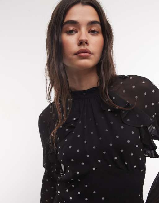 AllSaints Clarisse long sleeve high neck polka dot maxi dress in black, 2 of 4
