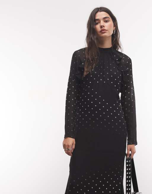 AllSaints Clarisse long sleeve high neck polka dot maxi dress in black, 3 of 4