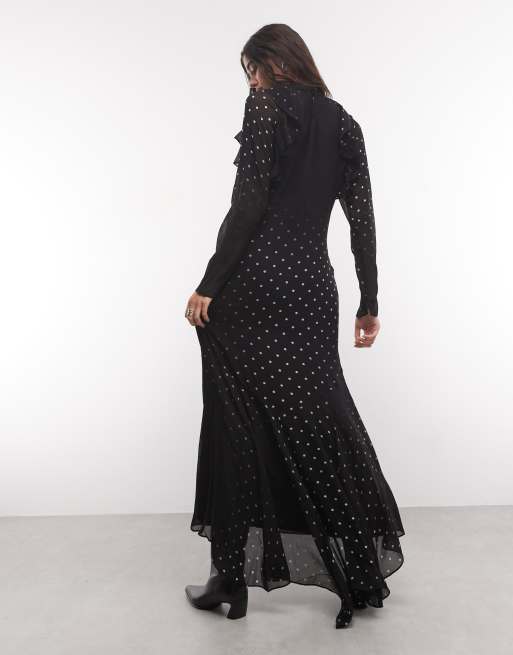 AllSaints Clarisse long sleeve high neck polka dot maxi dress in black, 4 of 4