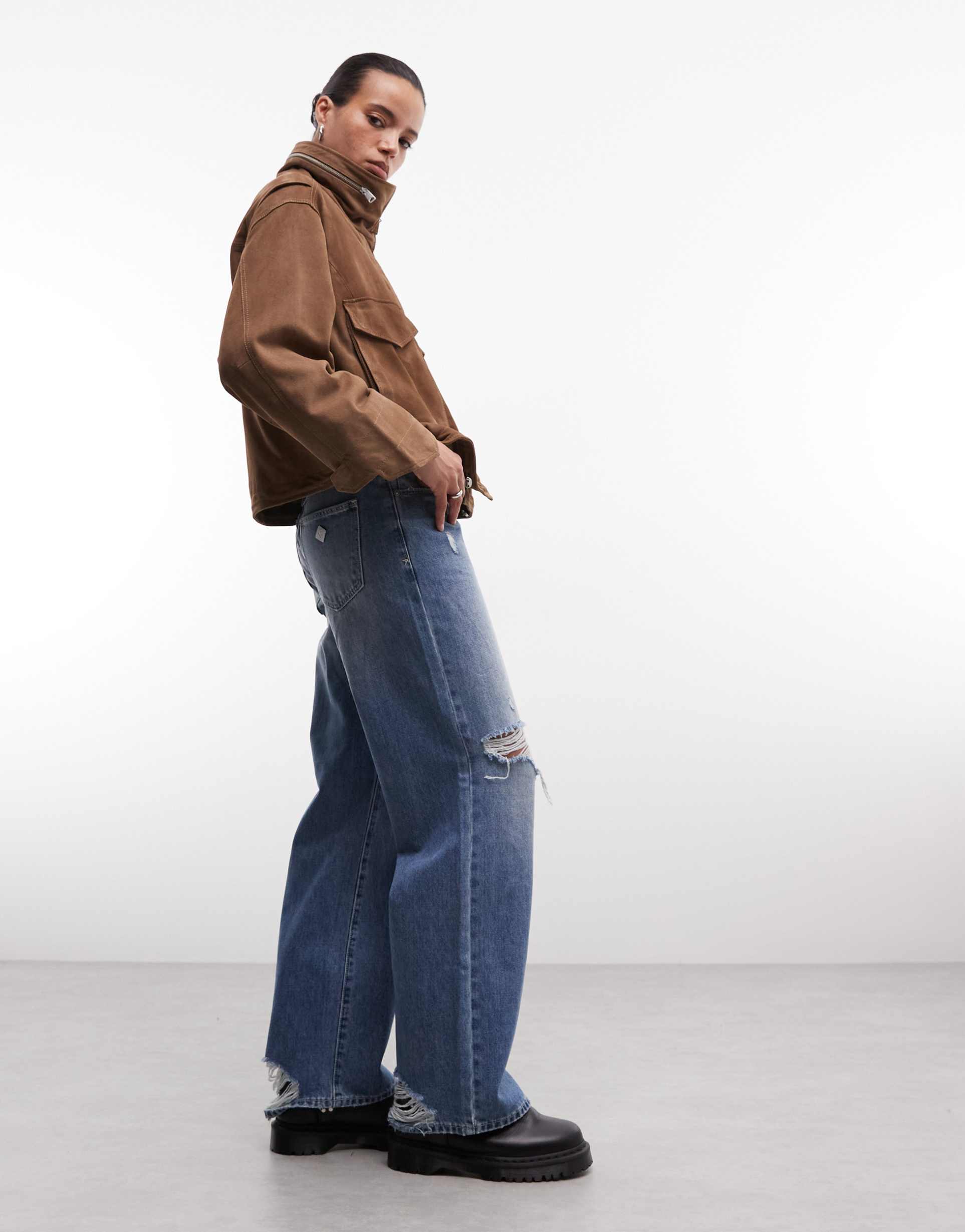 allsaints clay funnel neck cropped suede jacket in walnut brown