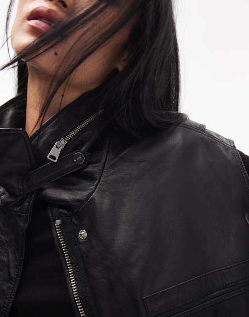 Allsaints Clay leather gilet in black , 2 of 4