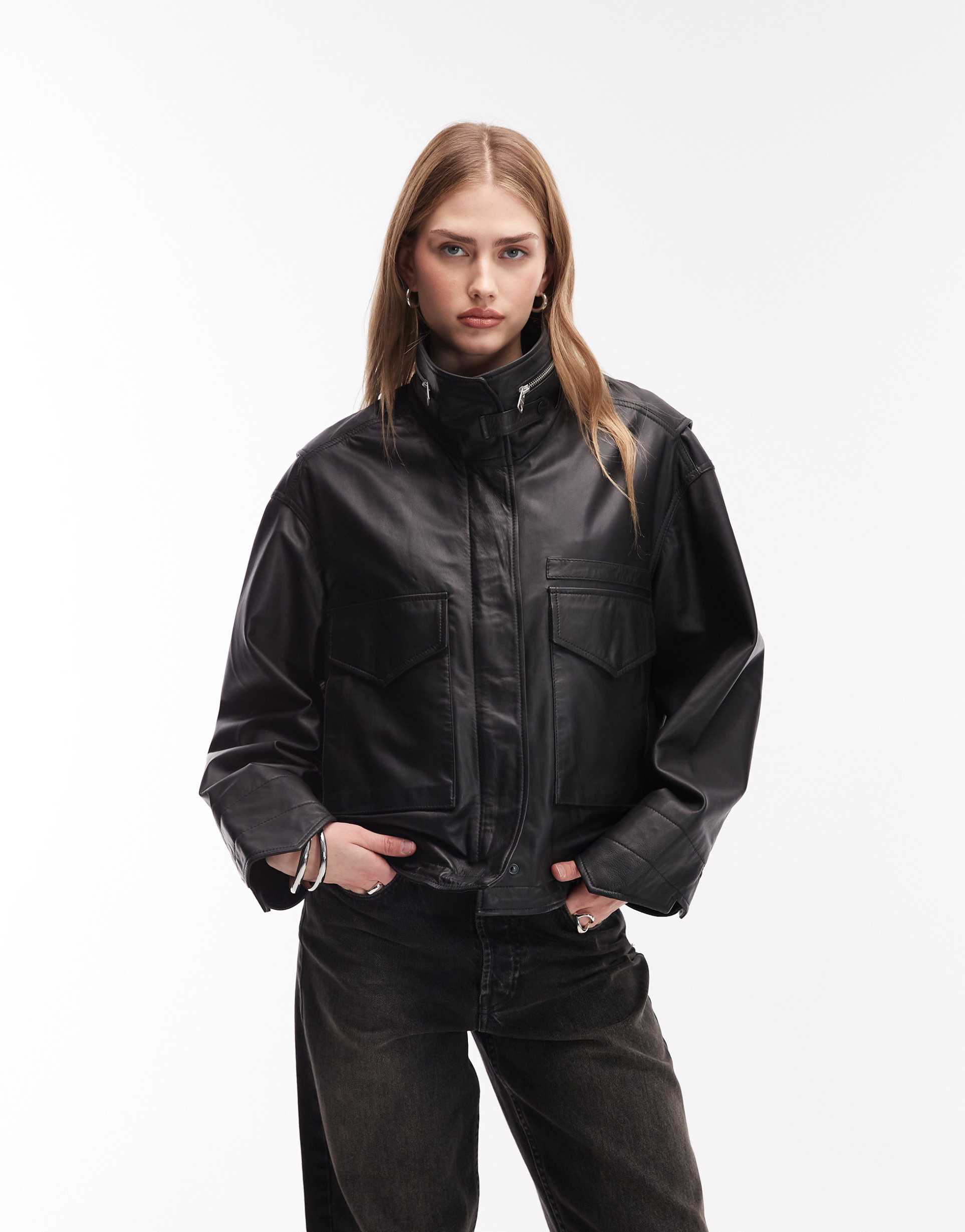 allsaints clay leather jacket in black