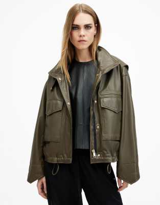 AllSaints Clay relaxed fit utility leather jacket in green