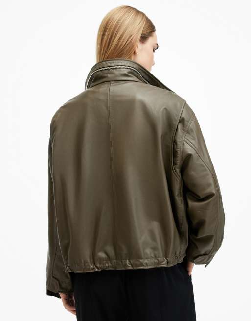 AllSaints Clay relaxed fit utility leather jacket in green ASOS